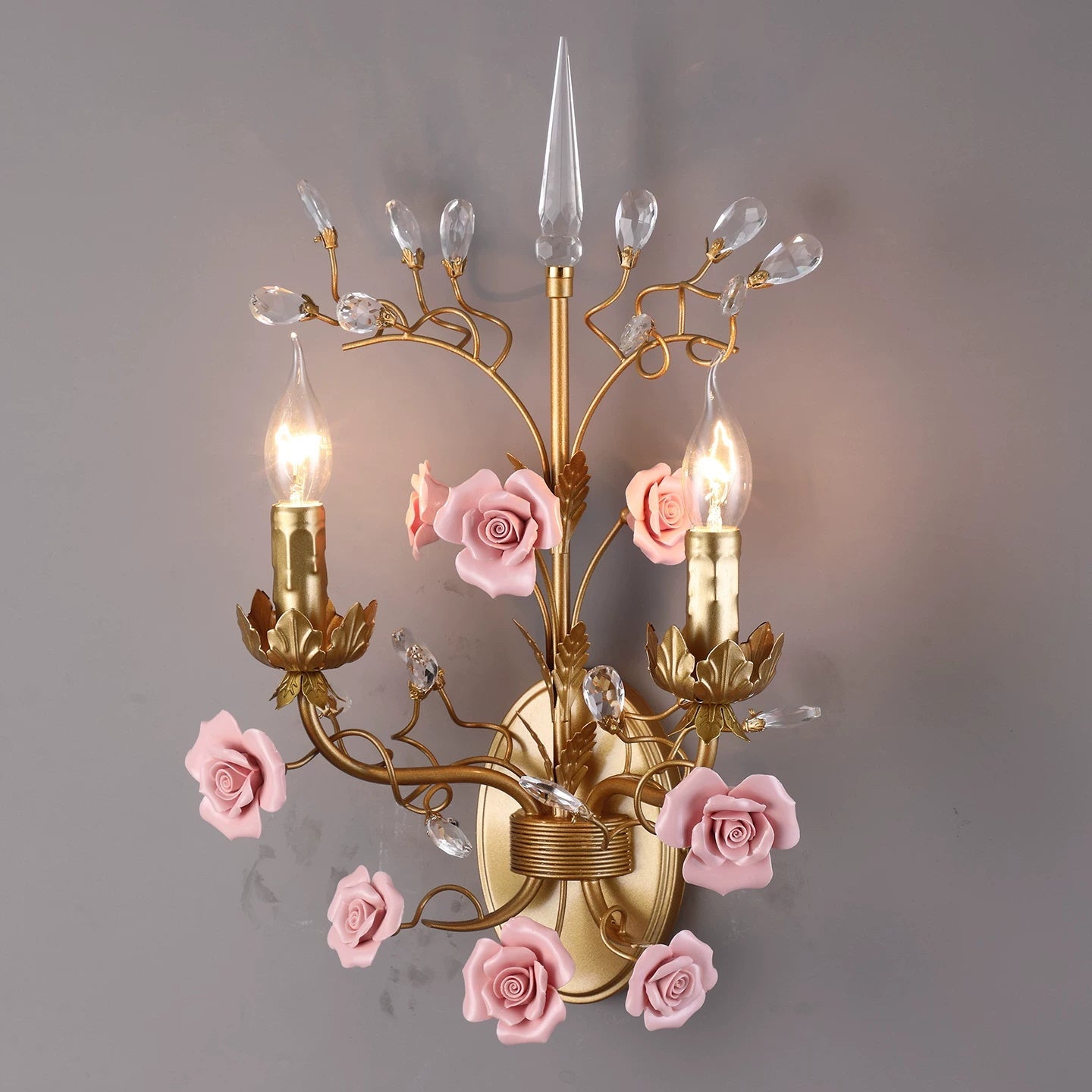 Ceramic Rose Vine Sconce - Shabby Chic 2-Light Floral Wall Light with Crystals