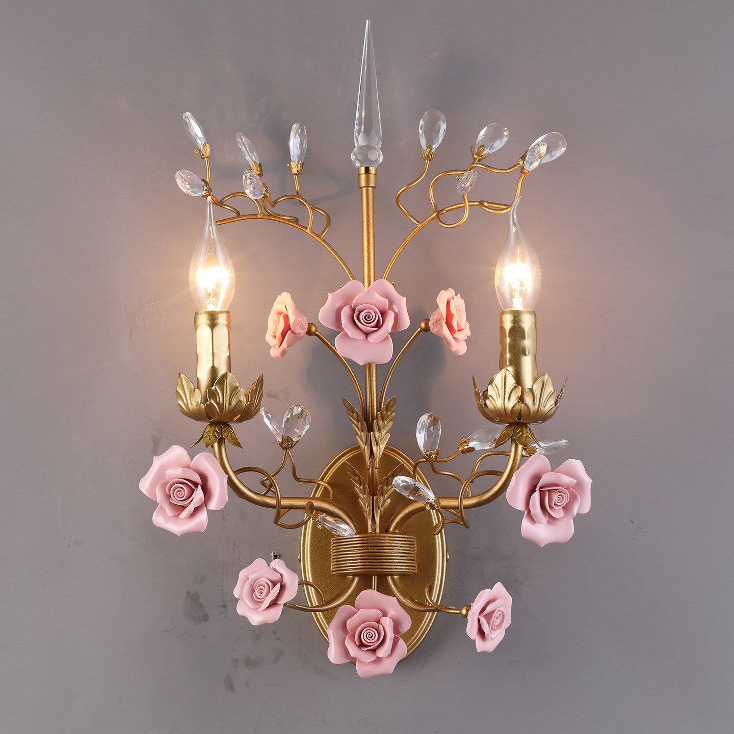 Ceramic Rose Vine Sconce - Shabby Chic 2-Light Floral Wall Light with Crystals