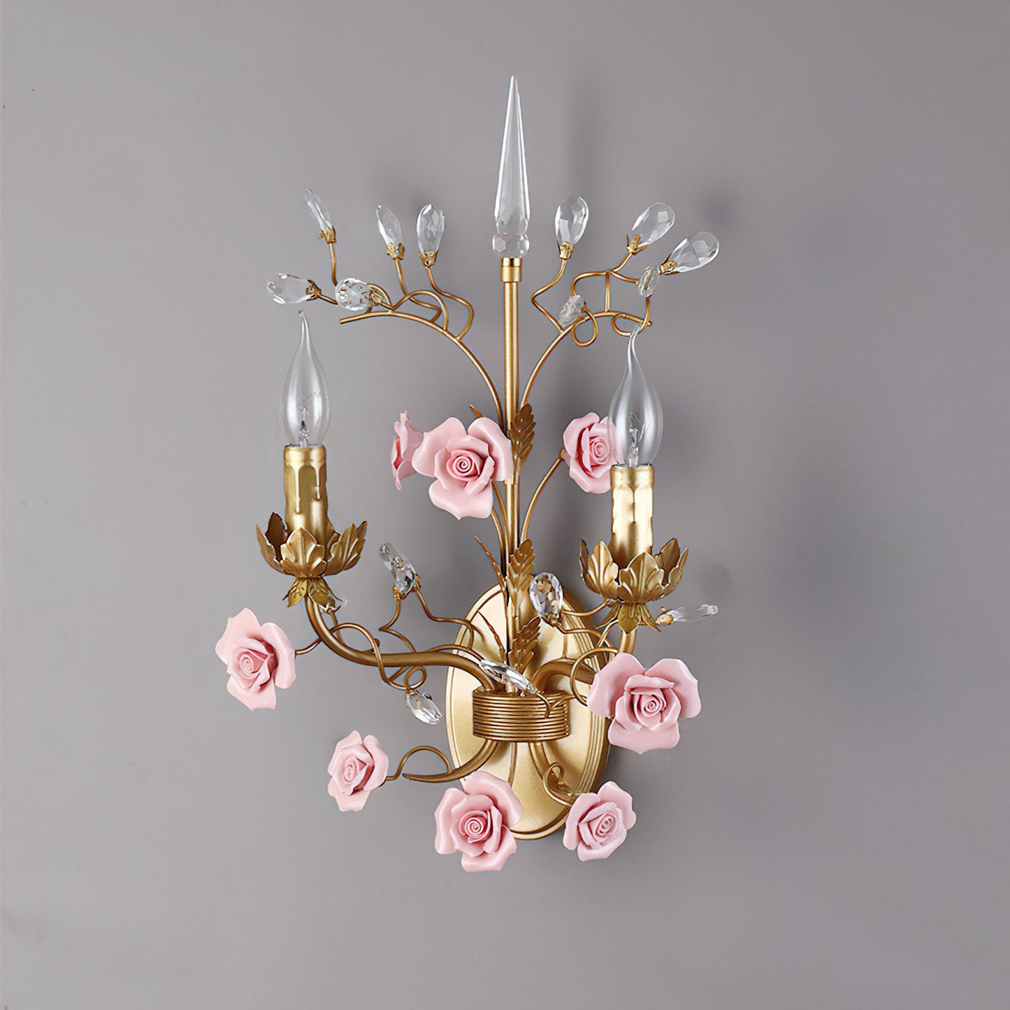 Ceramic Rose Vine Sconce - Shabby Chic 2-Light Floral Wall Light with Crystals