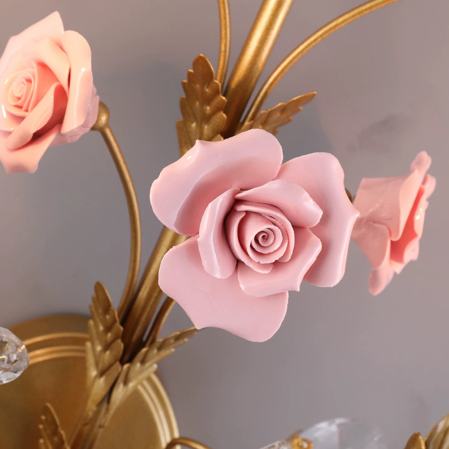 Ceramic Rose Vine Sconce - Shabby Chic 2-Light Floral Wall Light with Crystals
