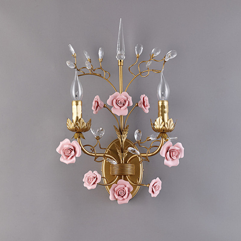 Ceramic Rose Vine Sconce - Shabby Chic 2-Light Floral Wall Light with Crystals