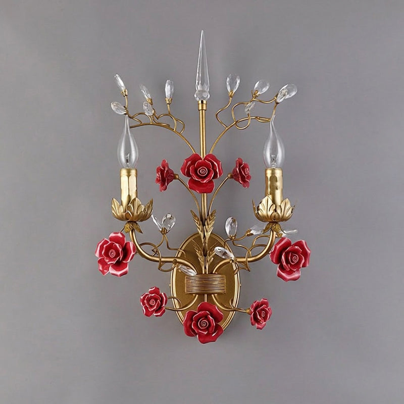 Ceramic Rose Vine Sconce - Shabby Chic 2-Light Floral Wall Light with Crystals