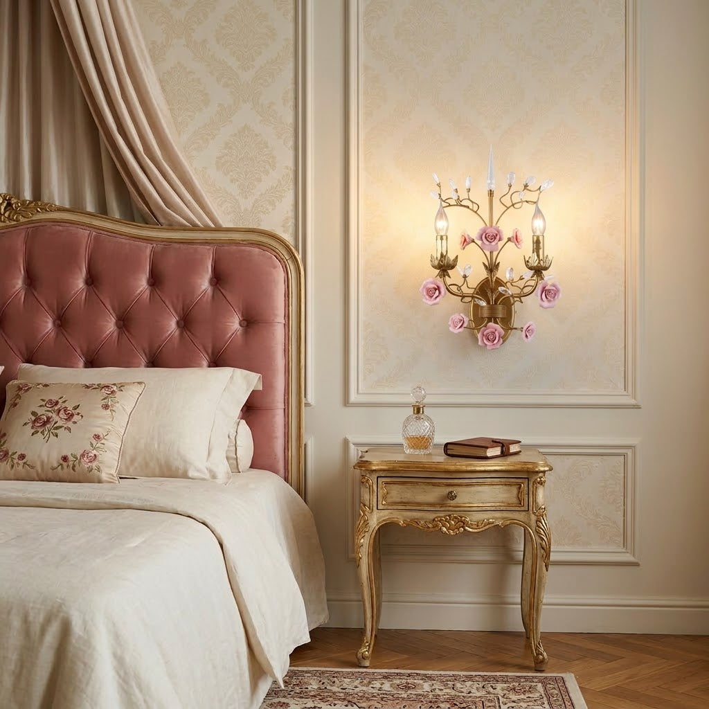 Ceramic Rose Vine Sconce - Shabby Chic 2-Light Floral Wall Light with Crystals