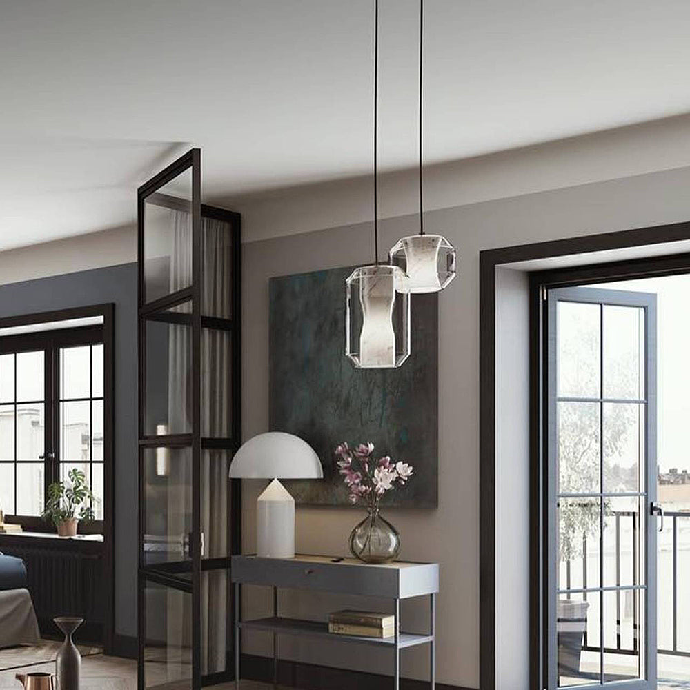 Glass Alabaster Pendant Lamp - Translucent Alabaster Core & Clear Glass Pendant