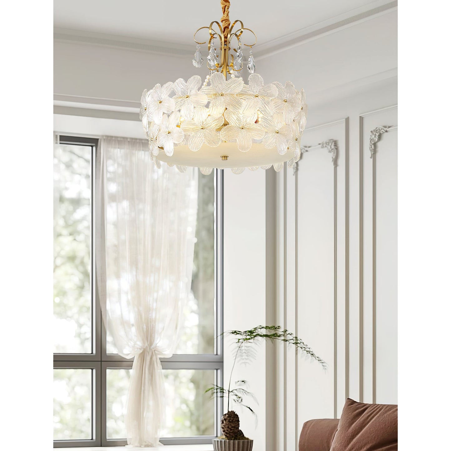 Charlotte Chandelier - Feminine Brass & Cast Glass Floral Chandelier