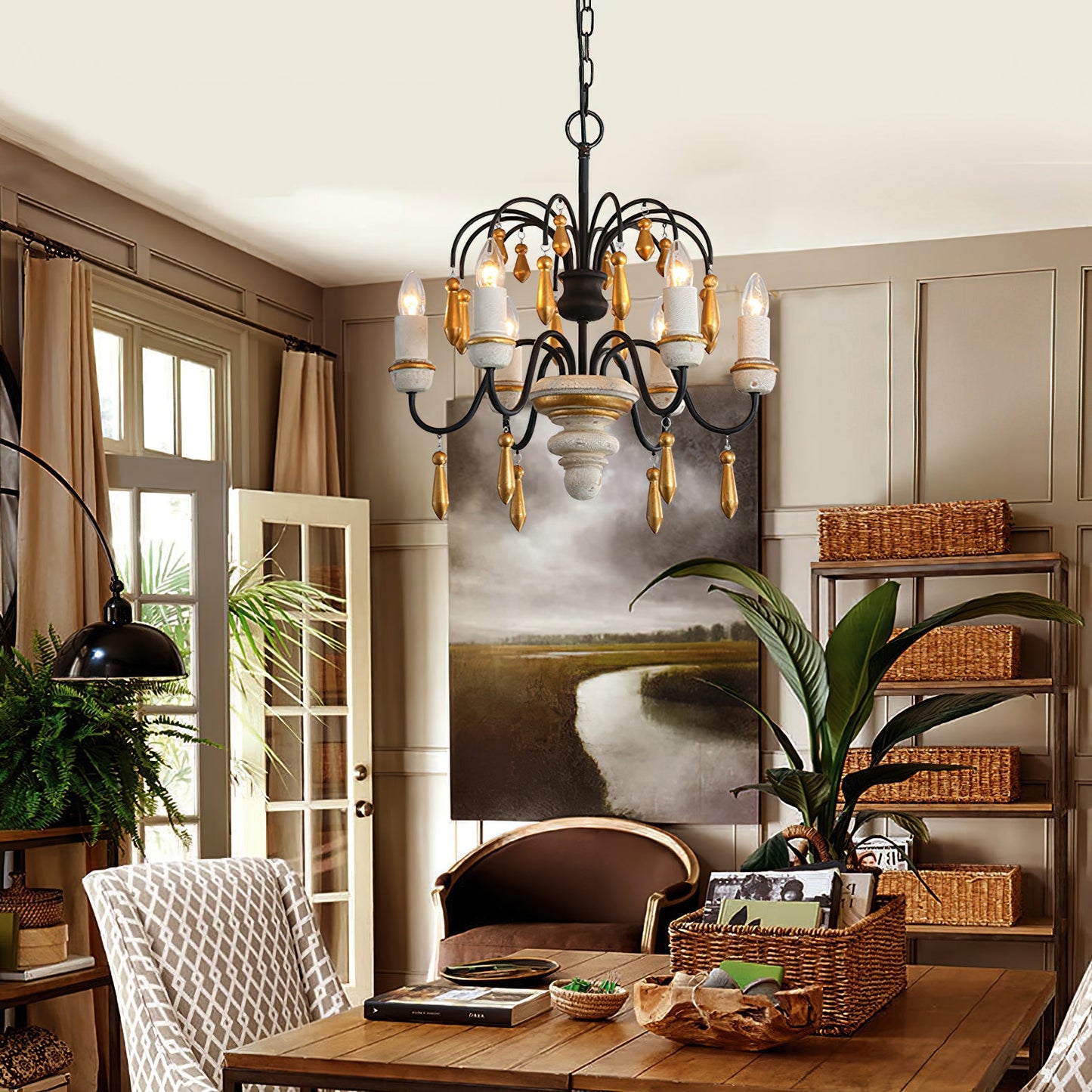 Chateau Nobles Chandelier - Scandinavian Mid-Century Wrought Iron & Wood Light