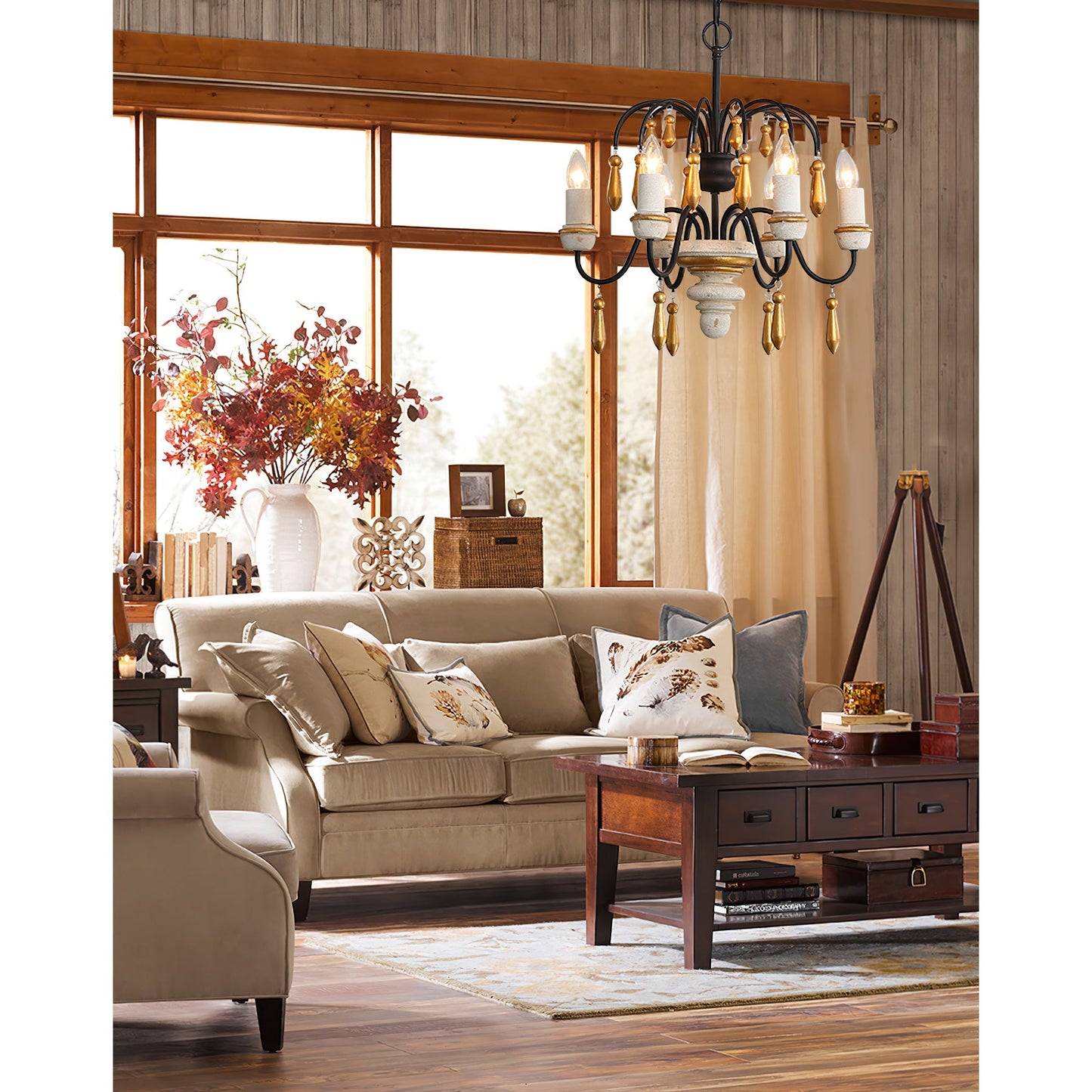Chateau Nobles Chandelier - Scandinavian Mid-Century Wrought Iron & Wood Light