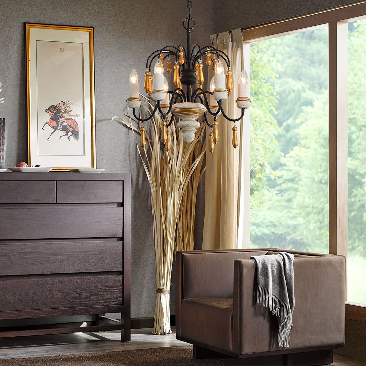Chateau Nobles Chandelier - Scandinavian Mid-Century Wrought Iron & Wood Light