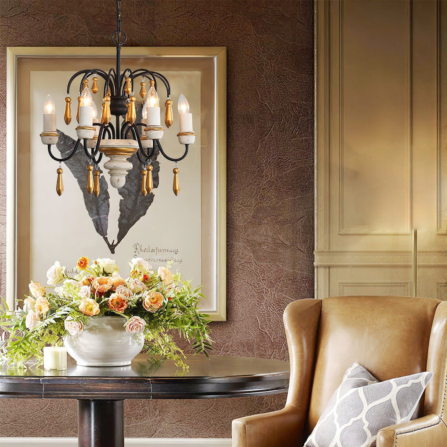 Chateau Nobles Chandelier - Scandinavian Mid-Century Wrought Iron & Wood Light