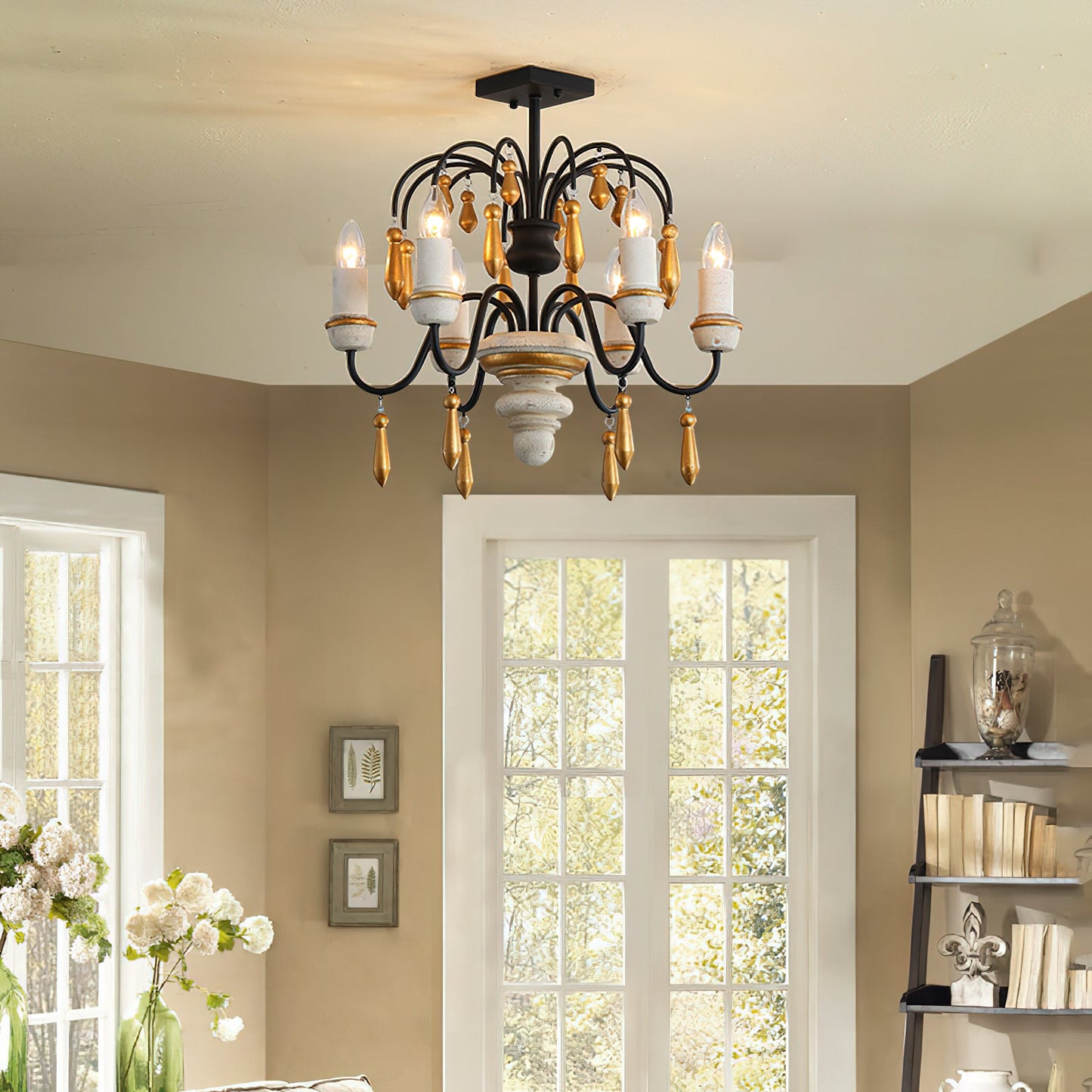 Chateau Nobles Chandelier - Scandinavian Mid-Century Wrought Iron & Wood Light