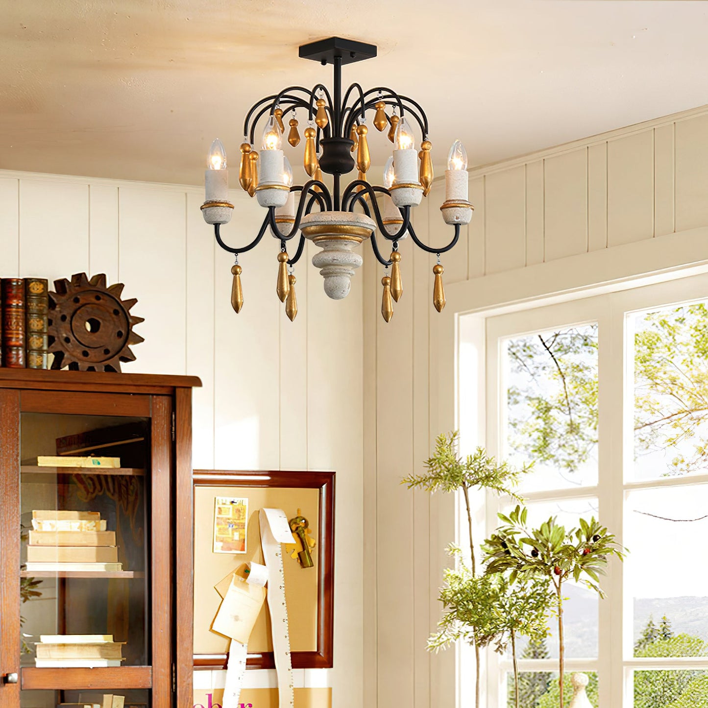 Chateau Nobles Chandelier - Scandinavian Mid-Century Wrought Iron & Wood Light