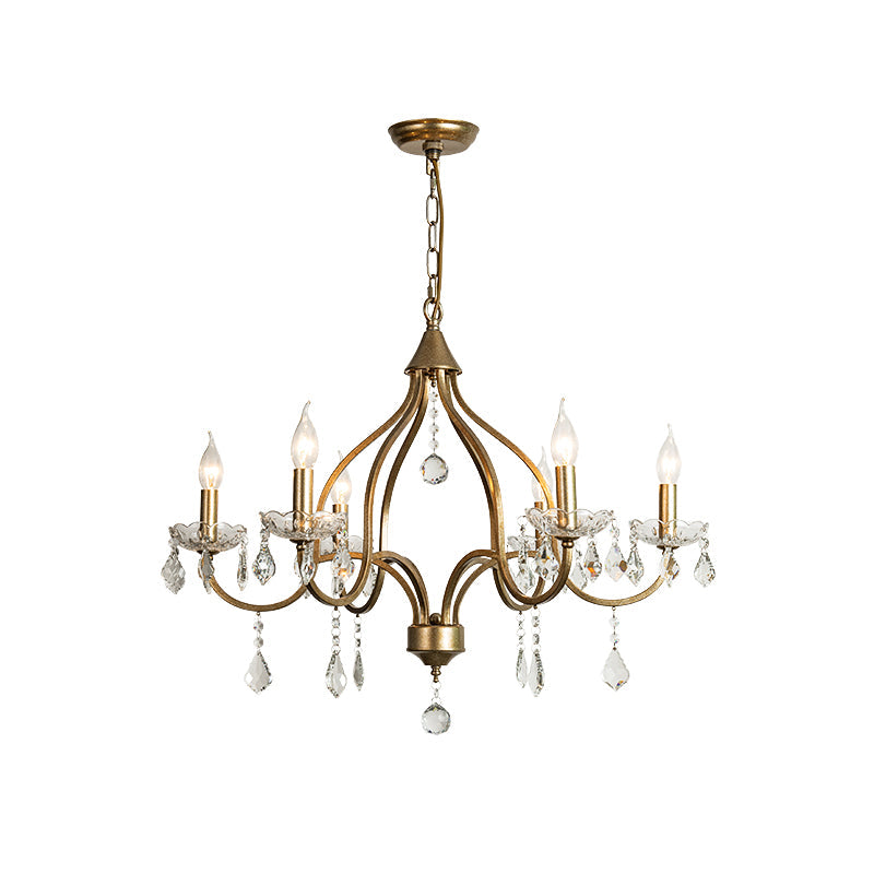 Chesterfield Chandelier - Ornate Brass & Crystal 6-Light Curlicue Pendant