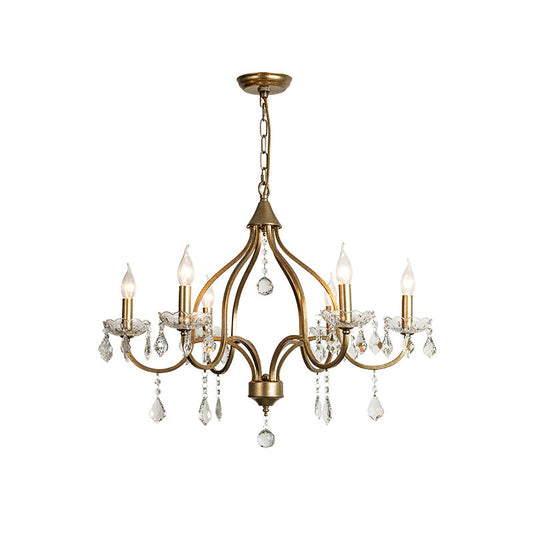 Chesterfield Chandelier - Ornate Brass & Crystal 6-Light Curlicue Pendant