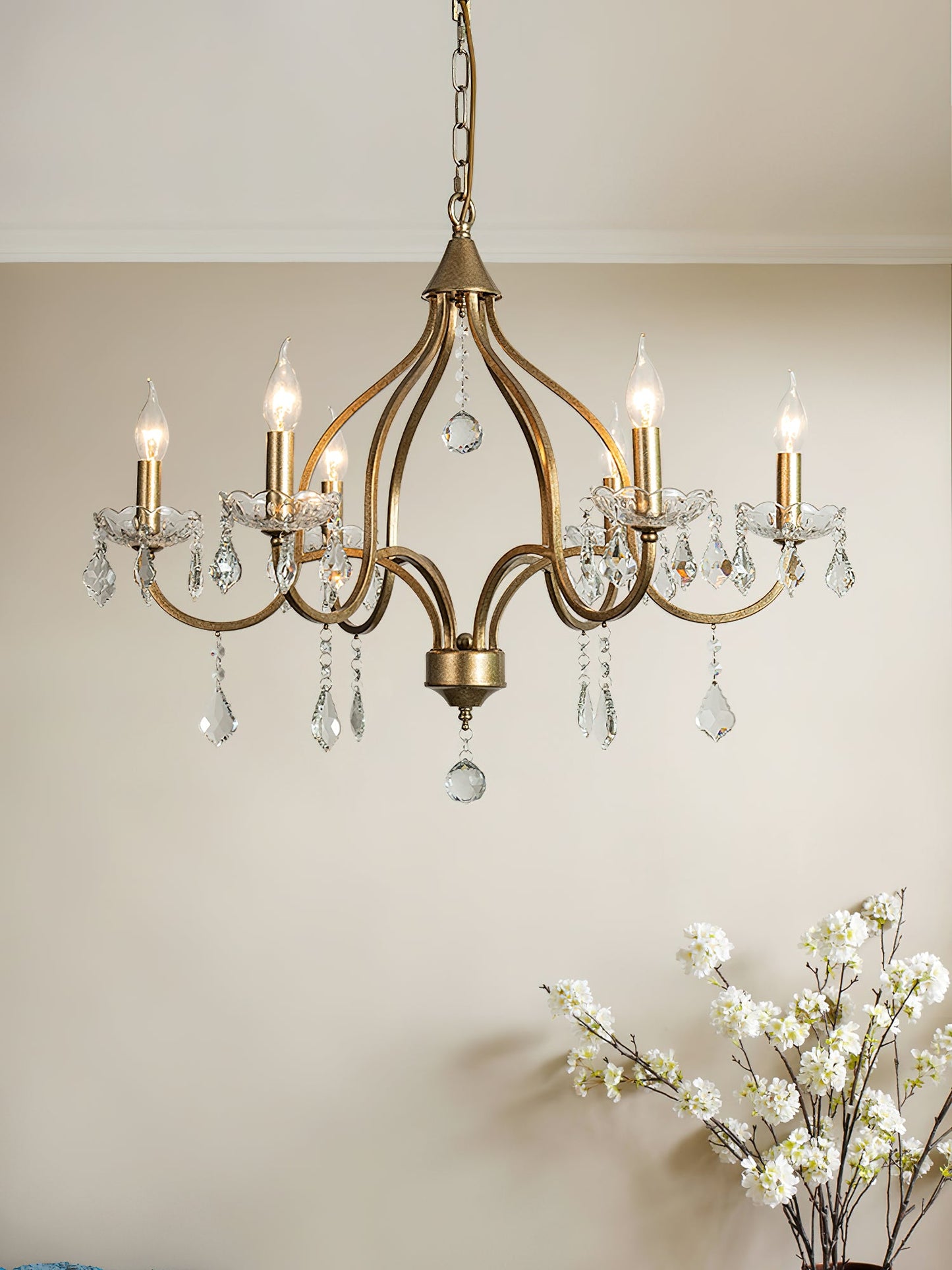 Chesterfield Chandelier - Ornate Brass & Crystal 6-Light Curlicue Pendant