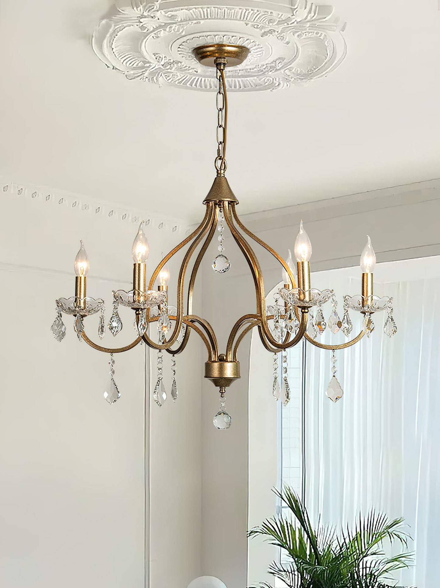 Chesterfield Chandelier - Ornate Brass & Crystal 6-Light Curlicue Pendant