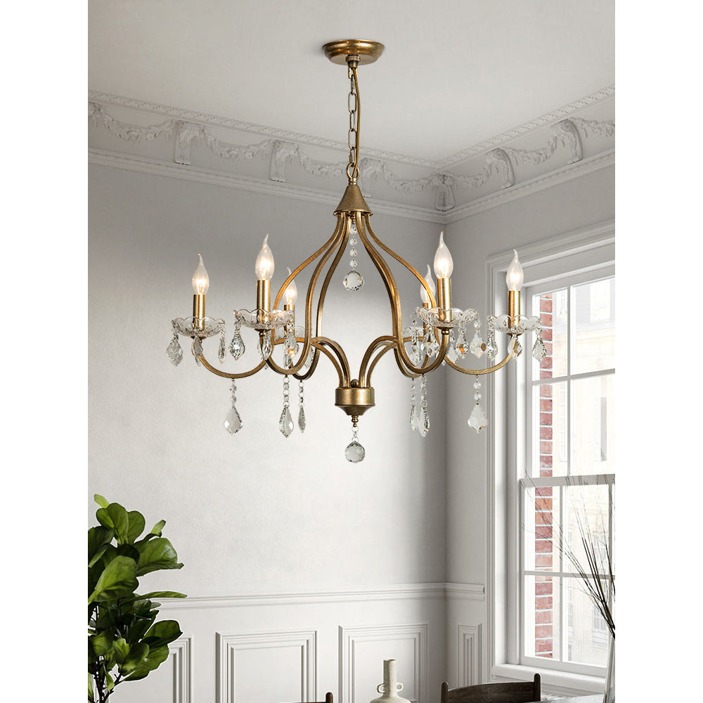 Chesterfield Chandelier - Ornate Brass & Crystal 6-Light Curlicue Pendant