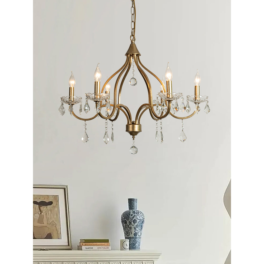 Chesterfield Chandelier - Ornate Brass & Crystal 6-Light Curlicue Pendant