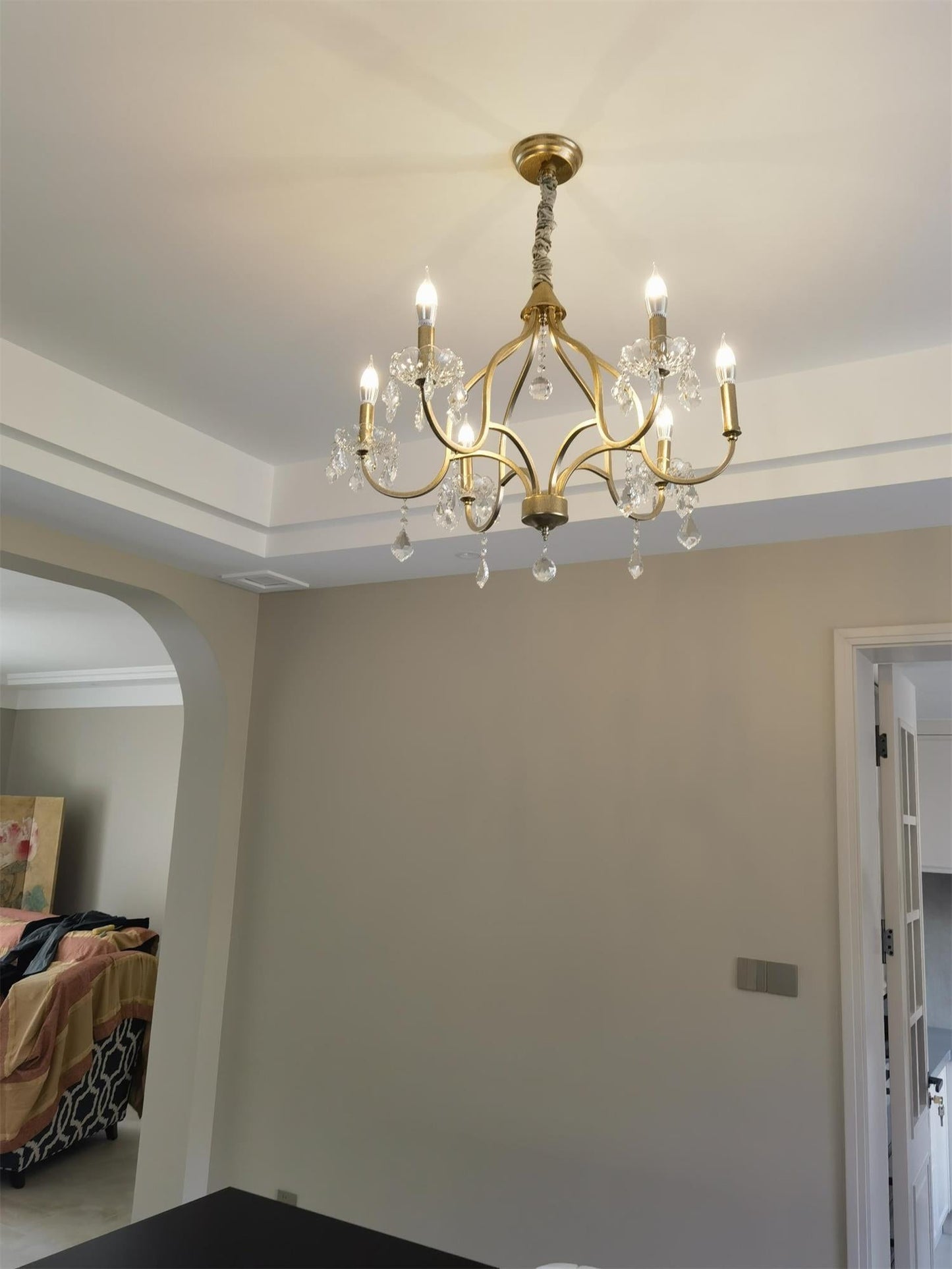 Chesterfield Chandelier - Ornate Brass & Crystal 6-Light Curlicue Pendant