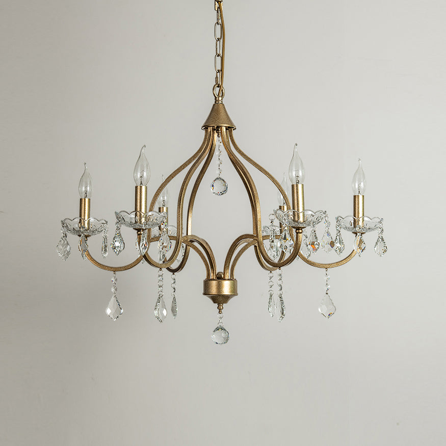Chesterfield Chandelier - Ornate Brass & Crystal 6-Light Curlicue Pendant