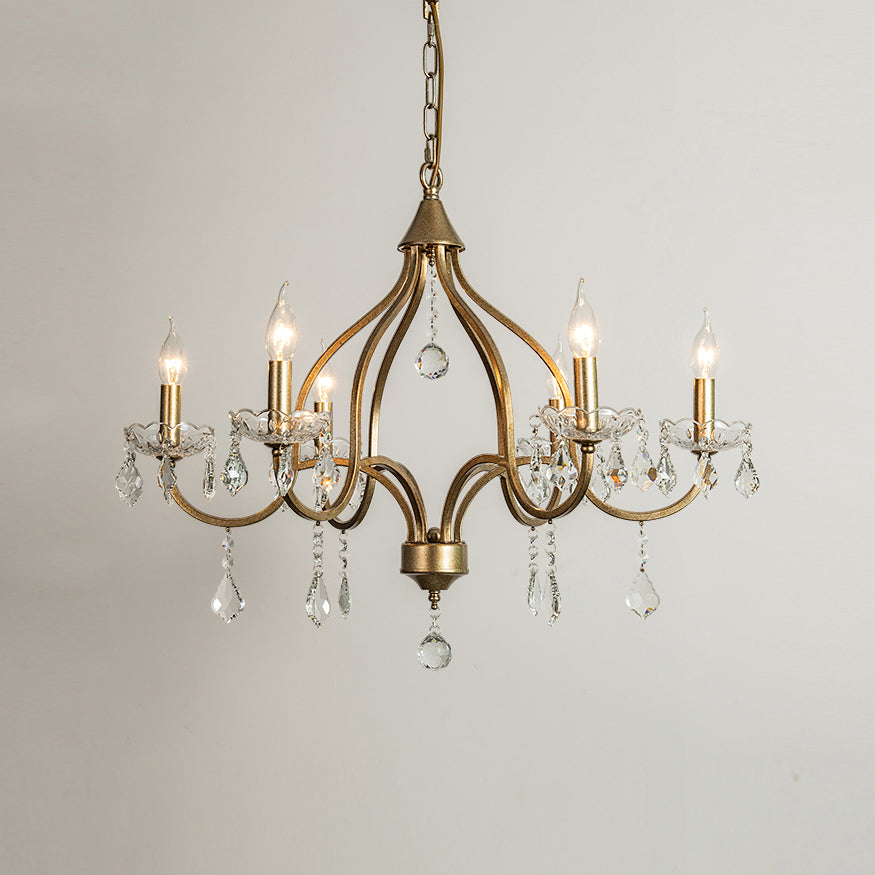 Chesterfield Chandelier - Ornate Brass & Crystal 6-Light Curlicue Pendant