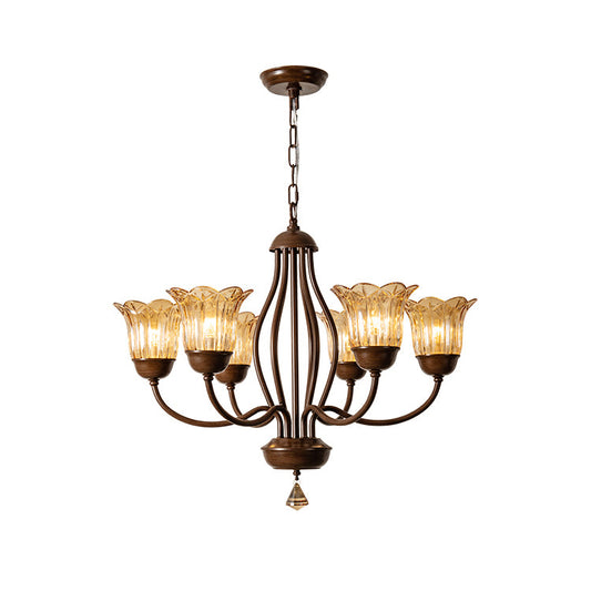 Cheyenne Chandelier - Contemporary Brass & Walnut 6-Light Amber Glass Pendant