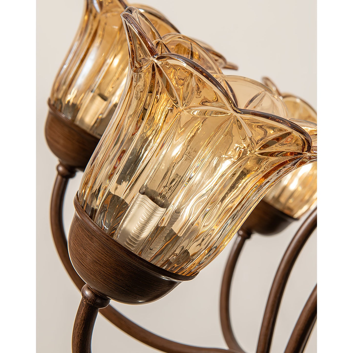 Cheyenne Chandelier - Contemporary Brass & Walnut 6-Light Amber Glass Pendant