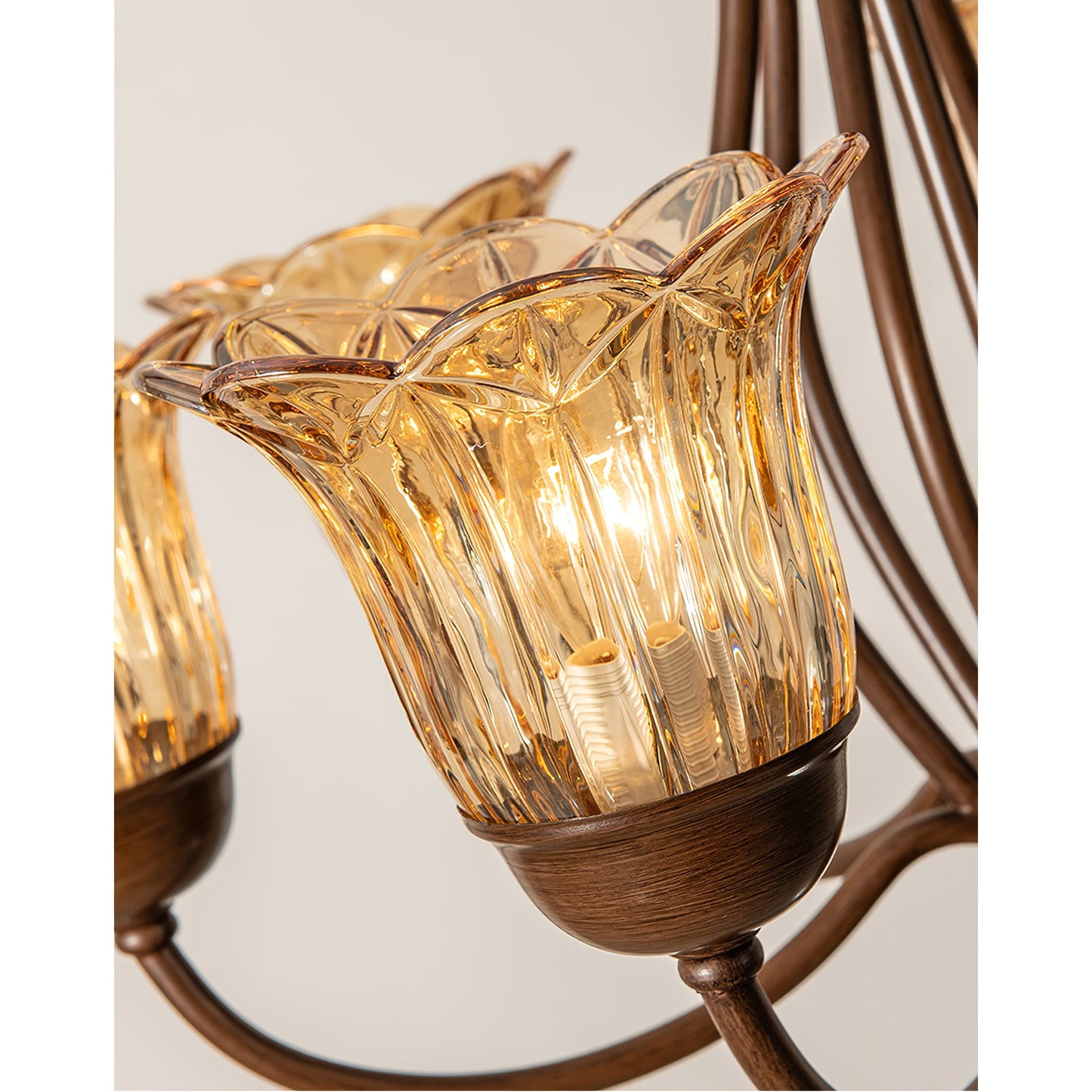 Cheyenne Chandelier - Contemporary Brass & Walnut 6-Light Amber Glass Pendant