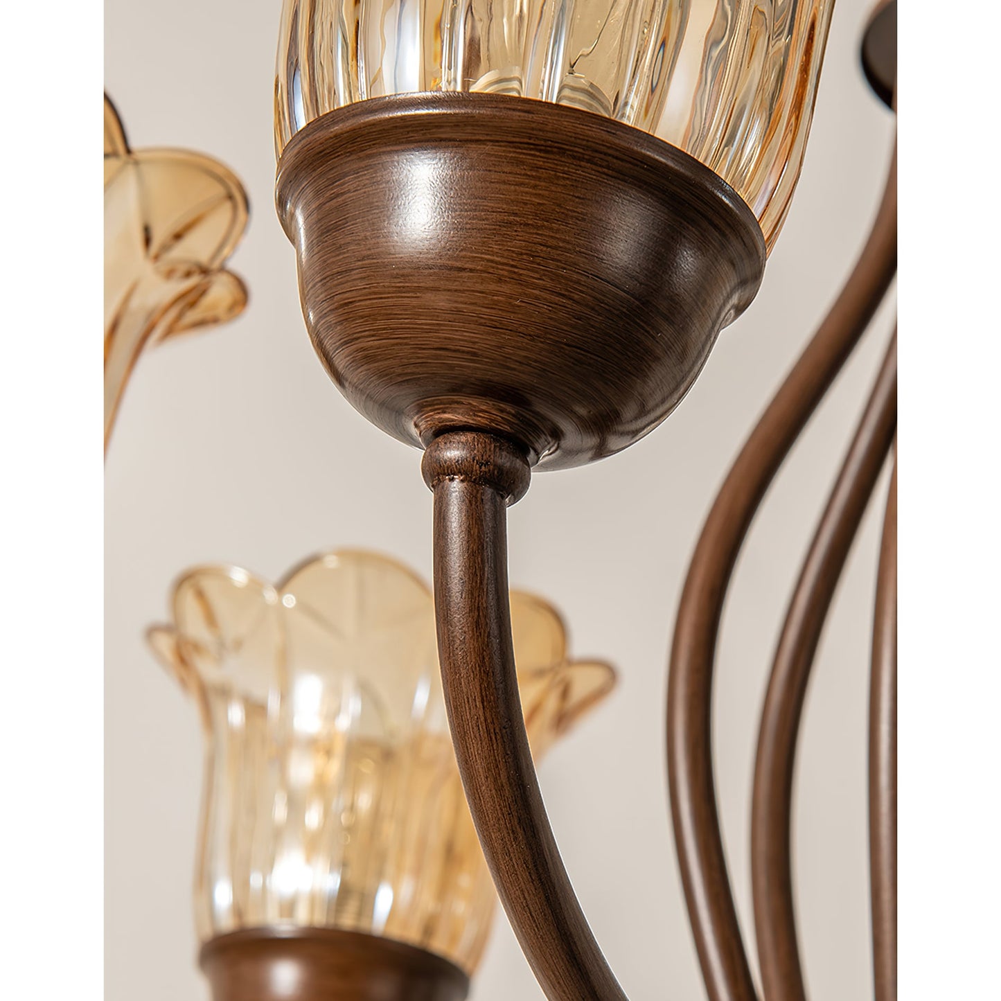 Cheyenne Chandelier - Contemporary Brass & Walnut 6-Light Amber Glass Pendant