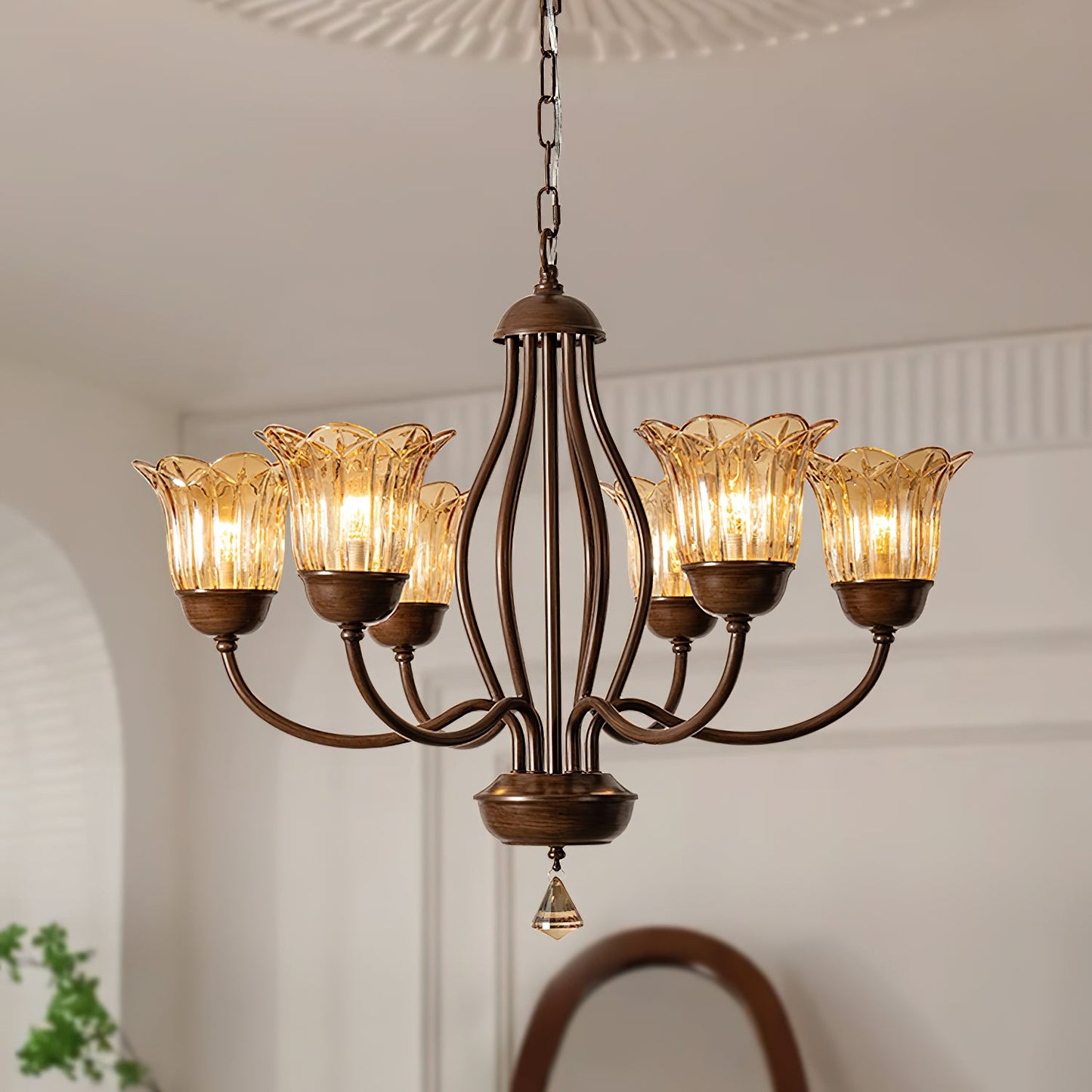 Cheyenne Chandelier - Contemporary Brass & Walnut 6-Light Amber Glass Pendant
