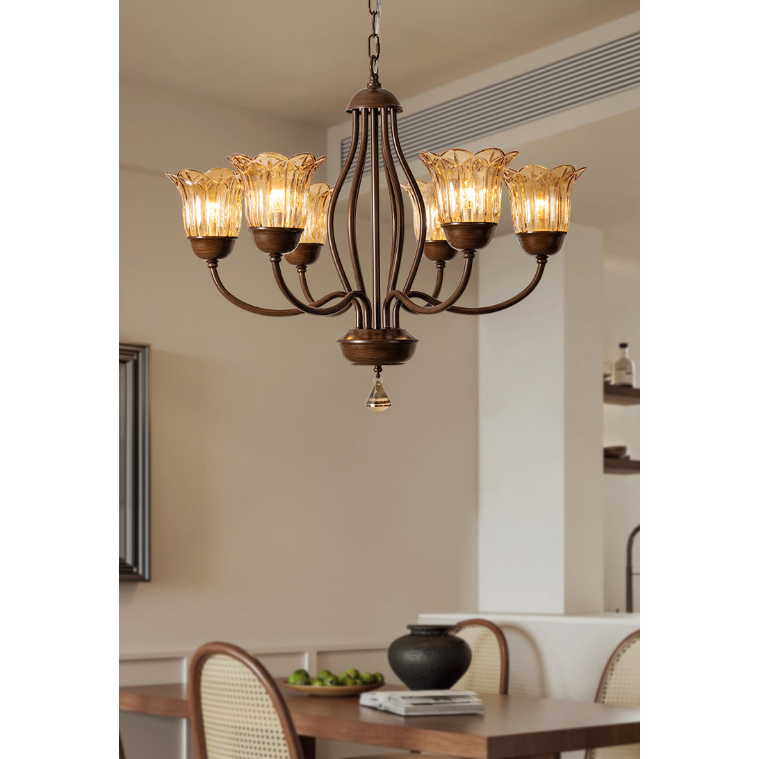 Cheyenne Chandelier - Contemporary Brass & Walnut 6-Light Amber Glass Pendant