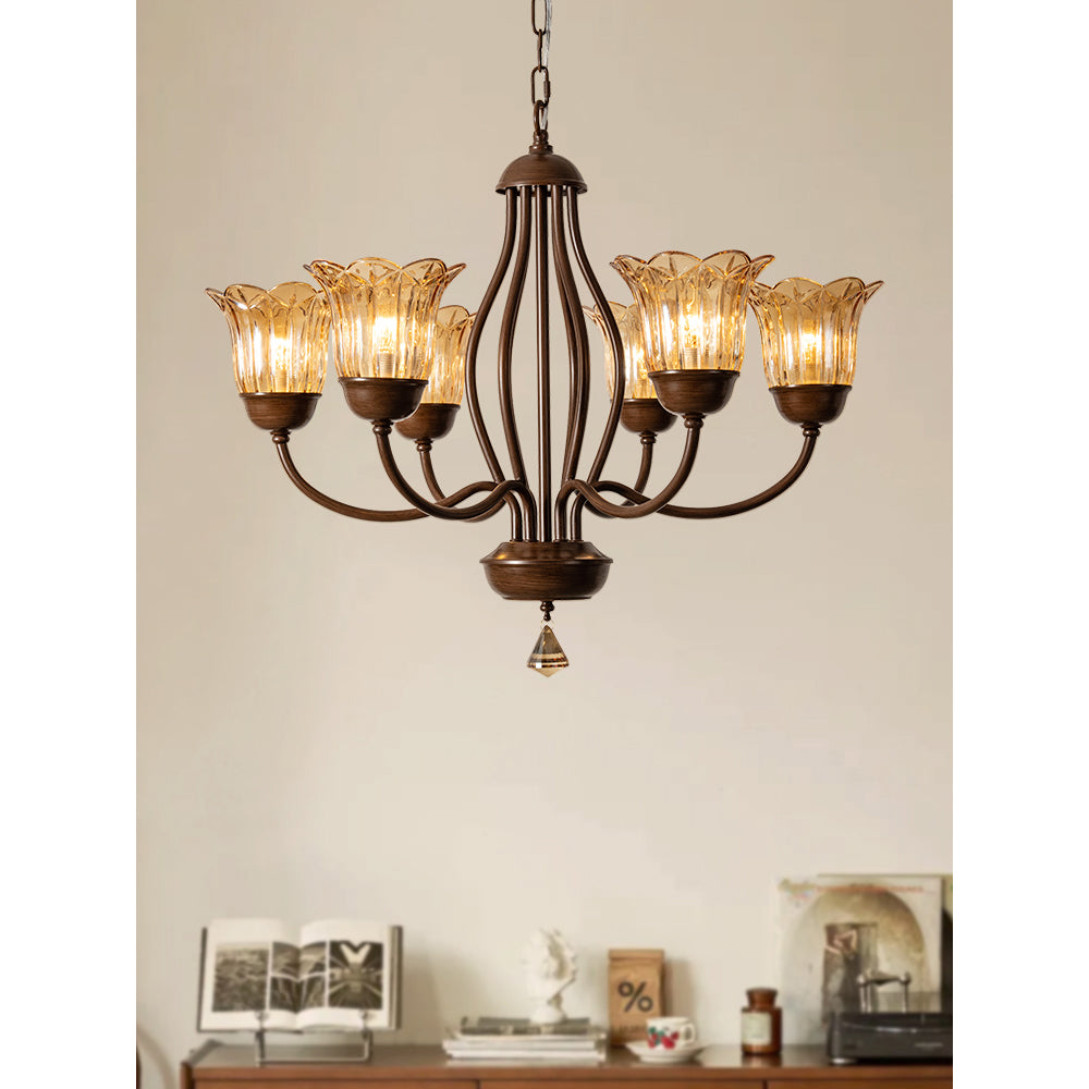 Cheyenne Chandelier - Contemporary Brass & Walnut 6-Light Amber Glass Pendant