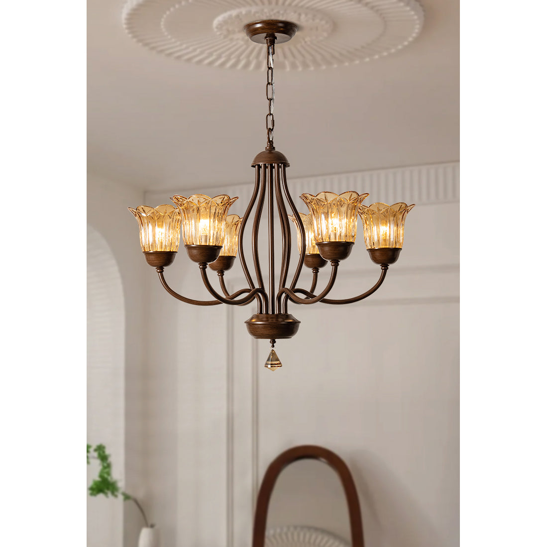Cheyenne Chandelier - Contemporary Brass & Walnut 6-Light Amber Glass Pendant