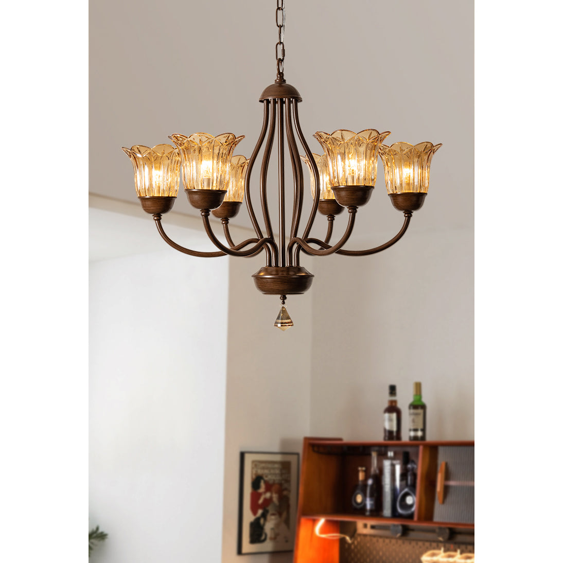 Cheyenne Chandelier - Contemporary Brass & Walnut 6-Light Amber Glass Pendant