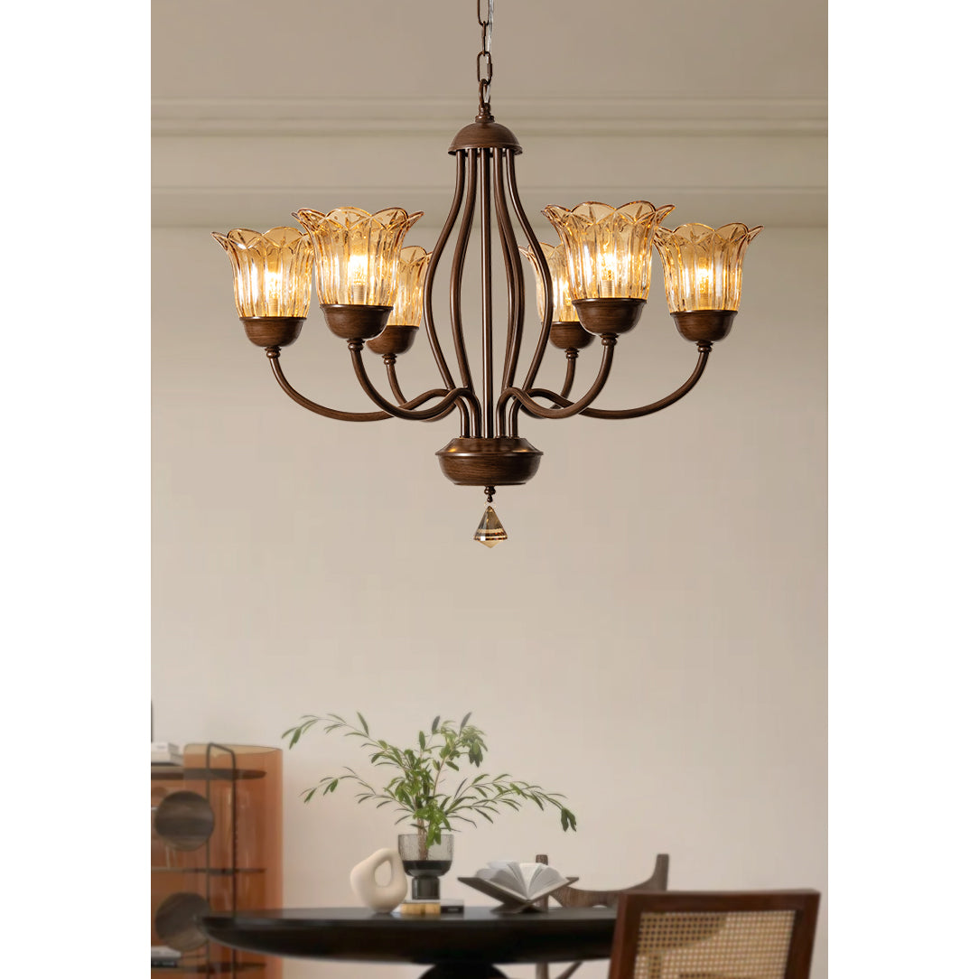 Cheyenne Chandelier - Contemporary Brass & Walnut 6-Light Amber Glass Pendant