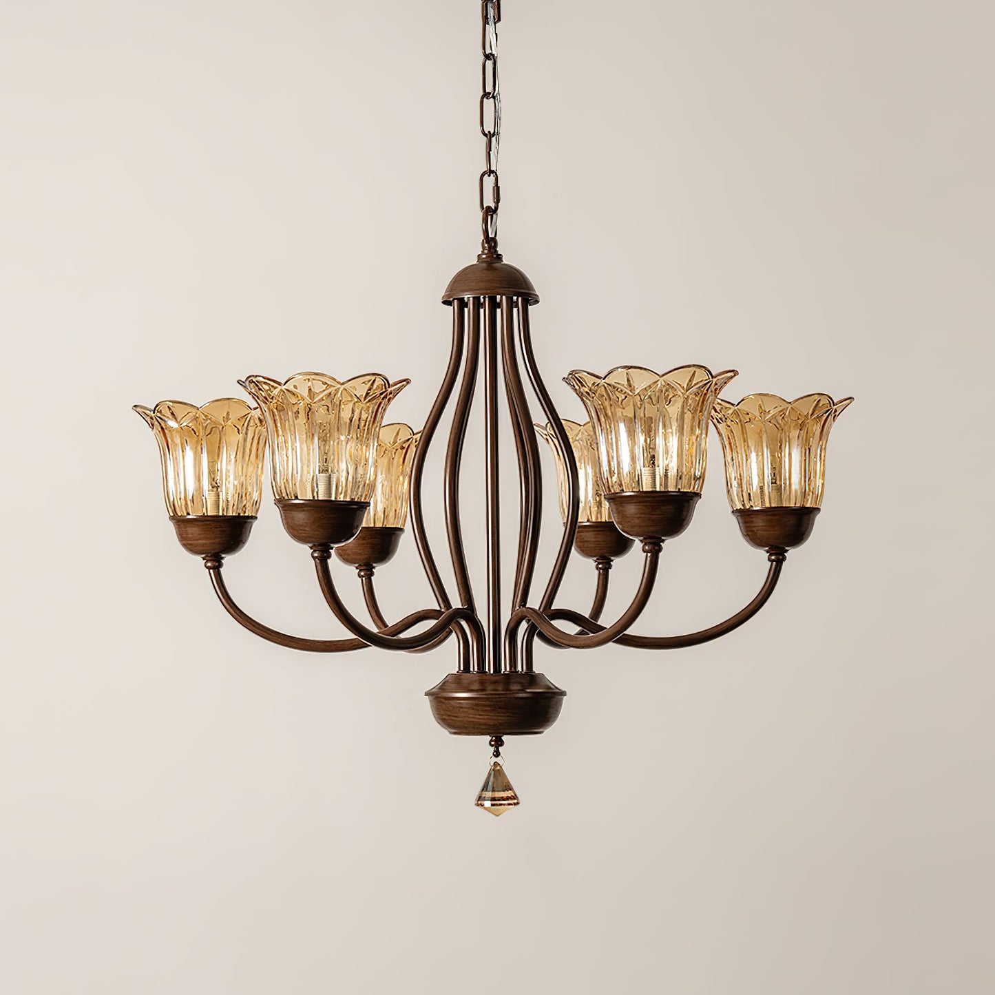 Cheyenne Chandelier - Contemporary Brass & Walnut 6-Light Amber Glass Pendant