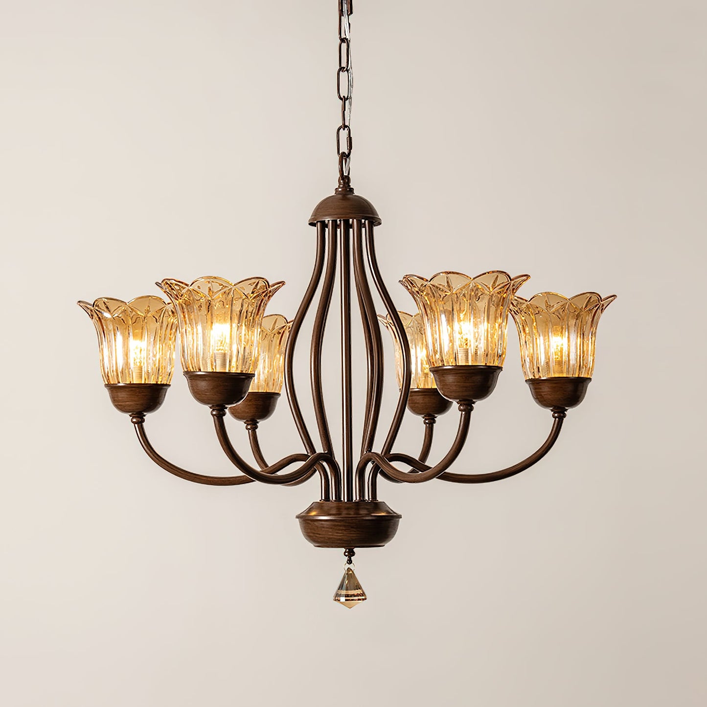 Cheyenne Chandelier - Contemporary Brass & Walnut 6-Light Amber Glass Pendant