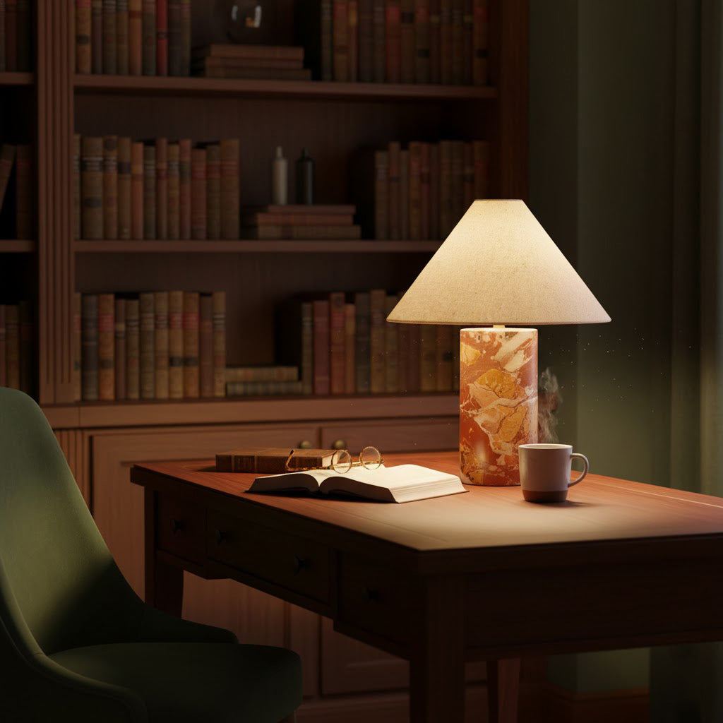 Chez Marble Table Lamp - Luxury Natural Marble & Fabric Bedside Light