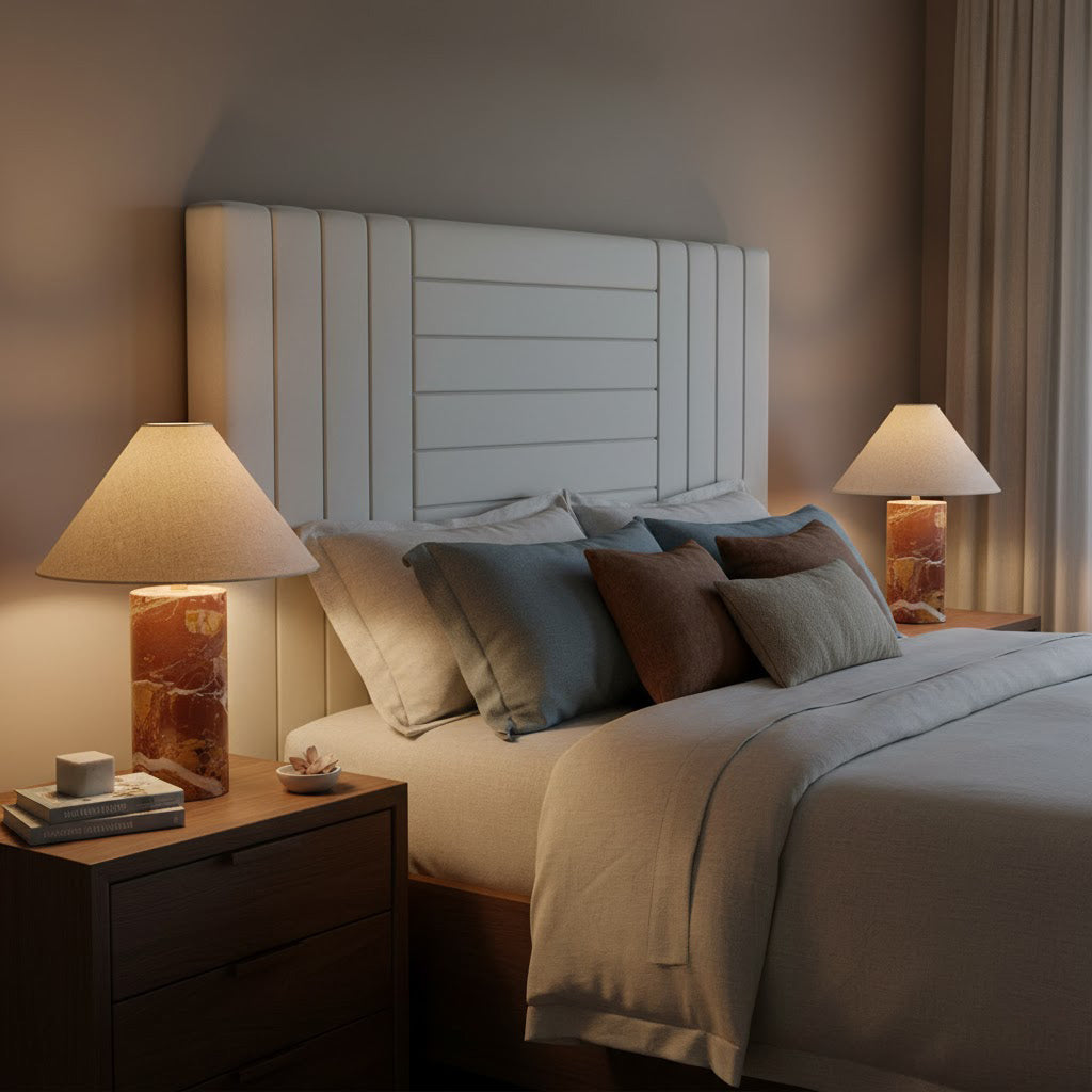 Chez Marble Table Lamp - Luxury Natural Marble & Fabric Bedside Light
