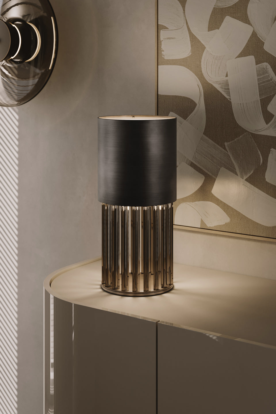 Chic Table Lamp - Luxury Crystal Trihedron & Brushed Black Cylinder Lamp