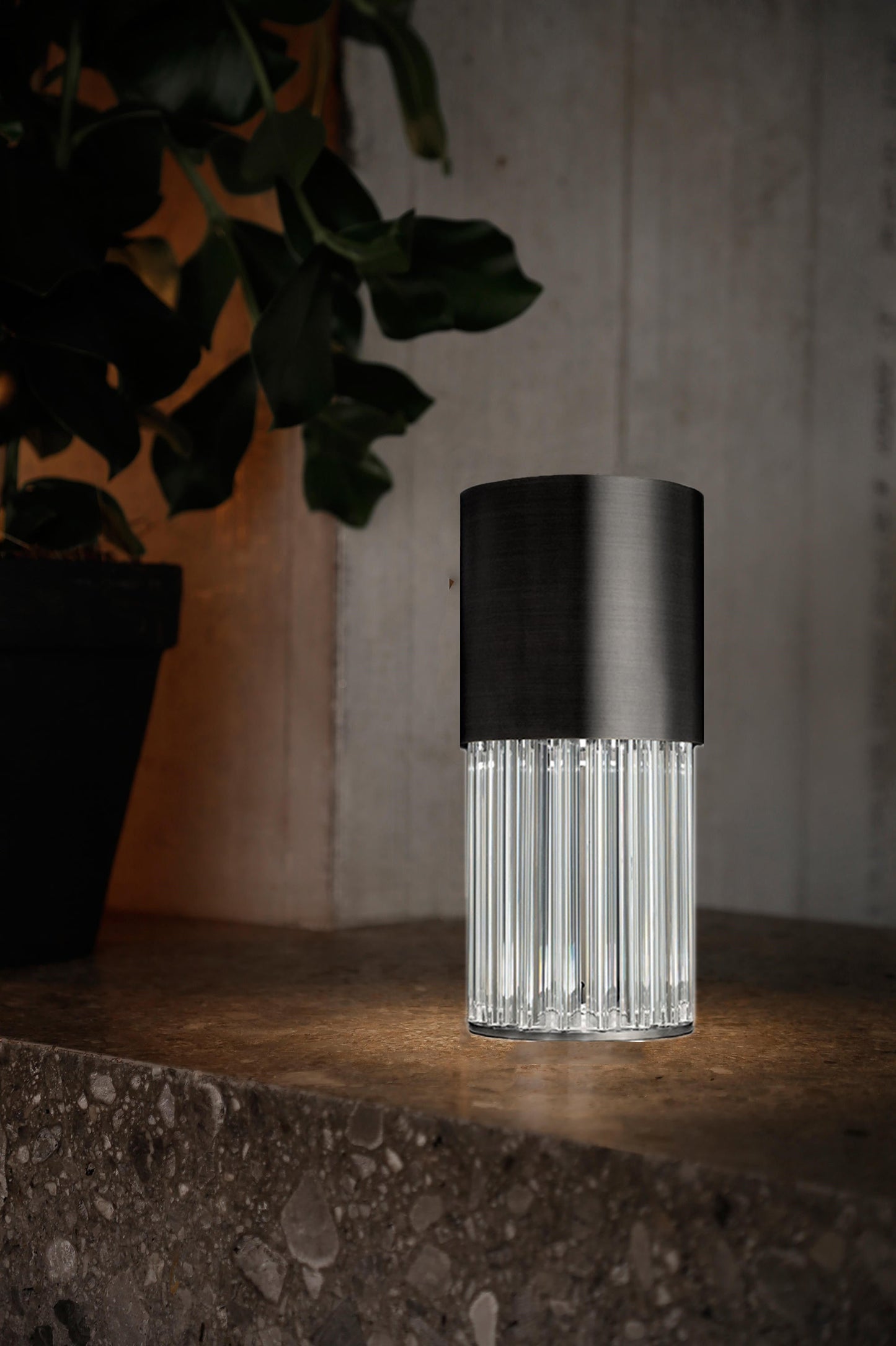 Chic Table Lamp - Luxury Crystal Trihedron & Brushed Black Cylinder Lamp