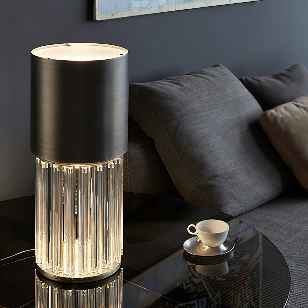 Chic Table Lamp - Luxury Crystal Trihedron & Brushed Black Cylinder Lamp