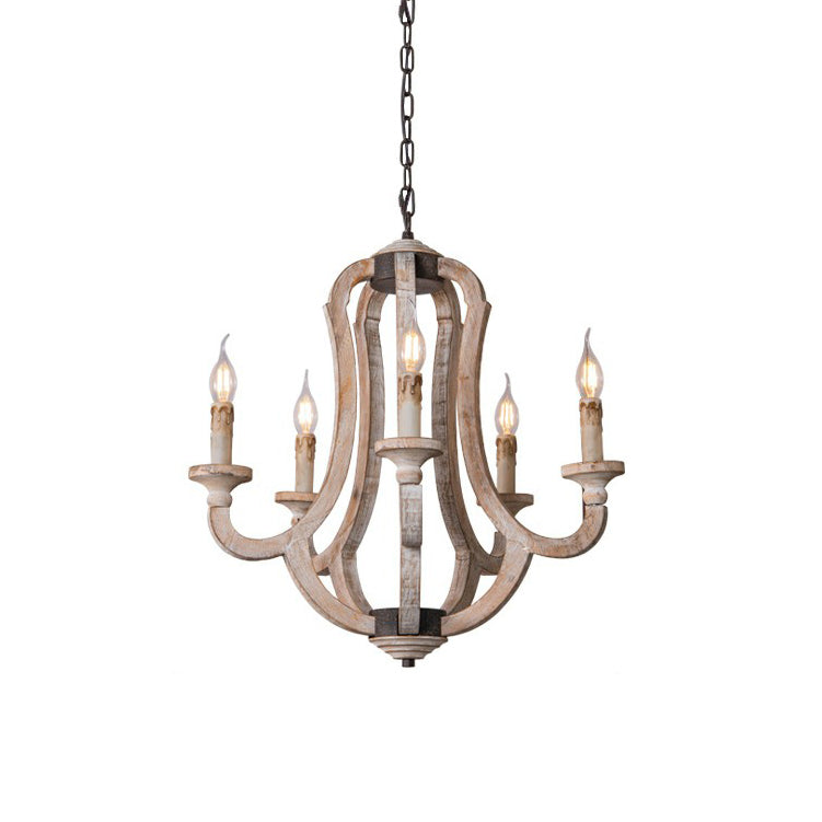 Winton Rustic Candlestick Chandelier - 5-Light Hand-Carved Distressed Wood Hanging Lamp | Farmhouse Cottage Chic Pendant