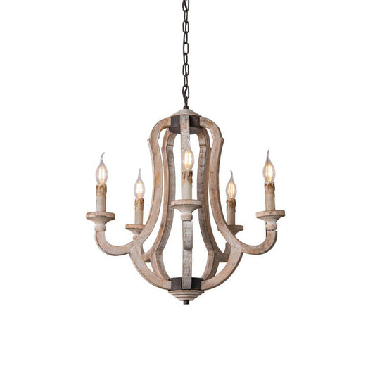 Winton Rustic Candlestick Chandelier - 5-Light Hand-Carved Distressed Wood Hanging Lamp | Farmhouse Cottage Chic Pendant