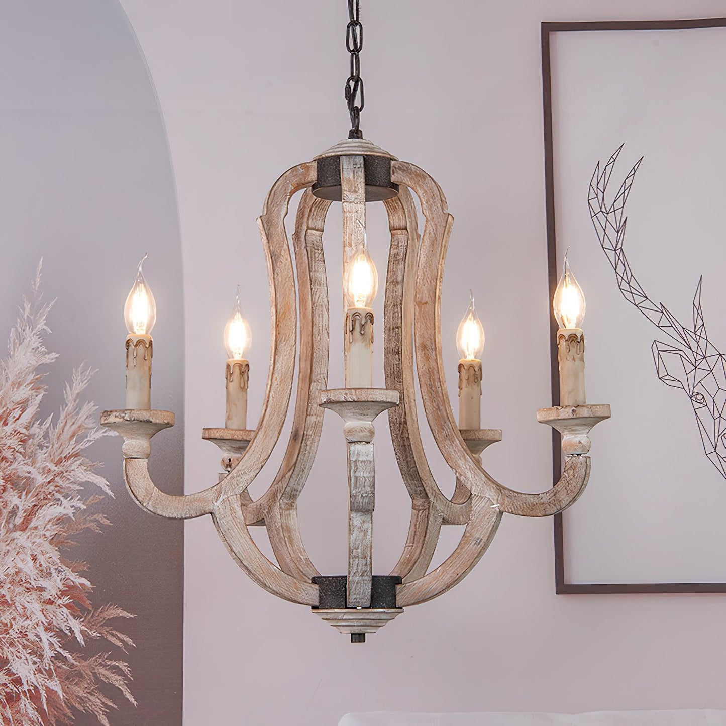 Winton Rustic Candlestick Chandelier - 5-Light Hand-Carved Distressed Wood Hanging Lamp | Farmhouse Cottage Chic Pendant