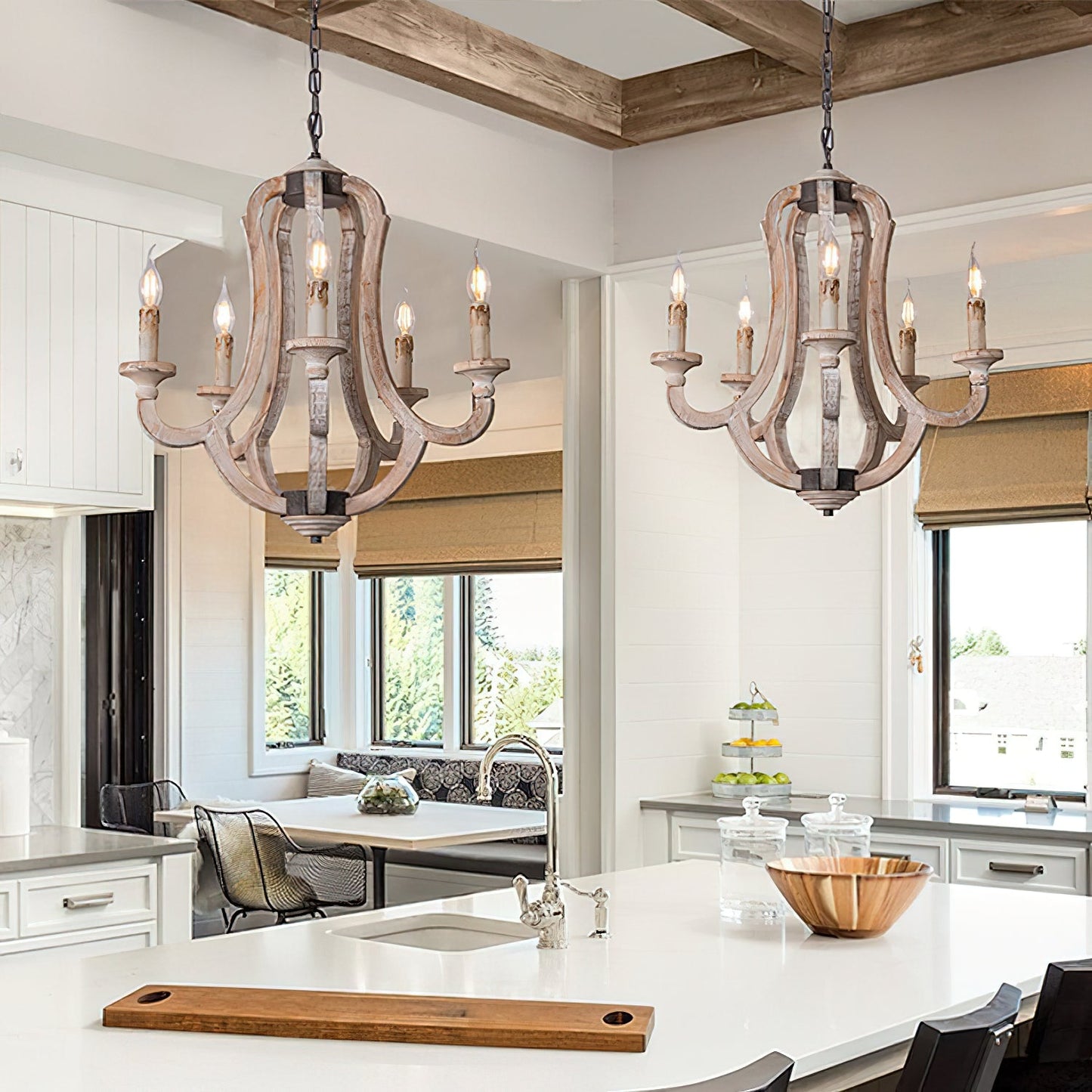 Winton Rustic Candlestick Chandelier - 5-Light Hand-Carved Distressed Wood Hanging Lamp | Farmhouse Cottage Chic Pendant