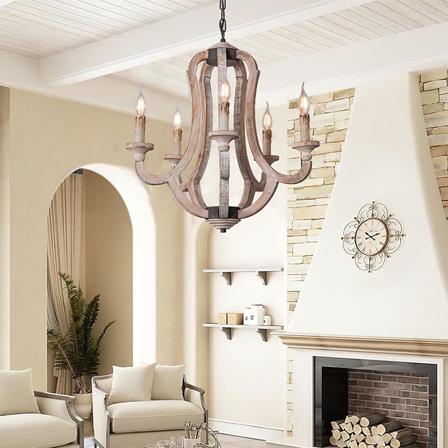 Winton Rustic Candlestick Chandelier - 5-Light Hand-Carved Distressed Wood Hanging Lamp | Farmhouse Cottage Chic Pendant