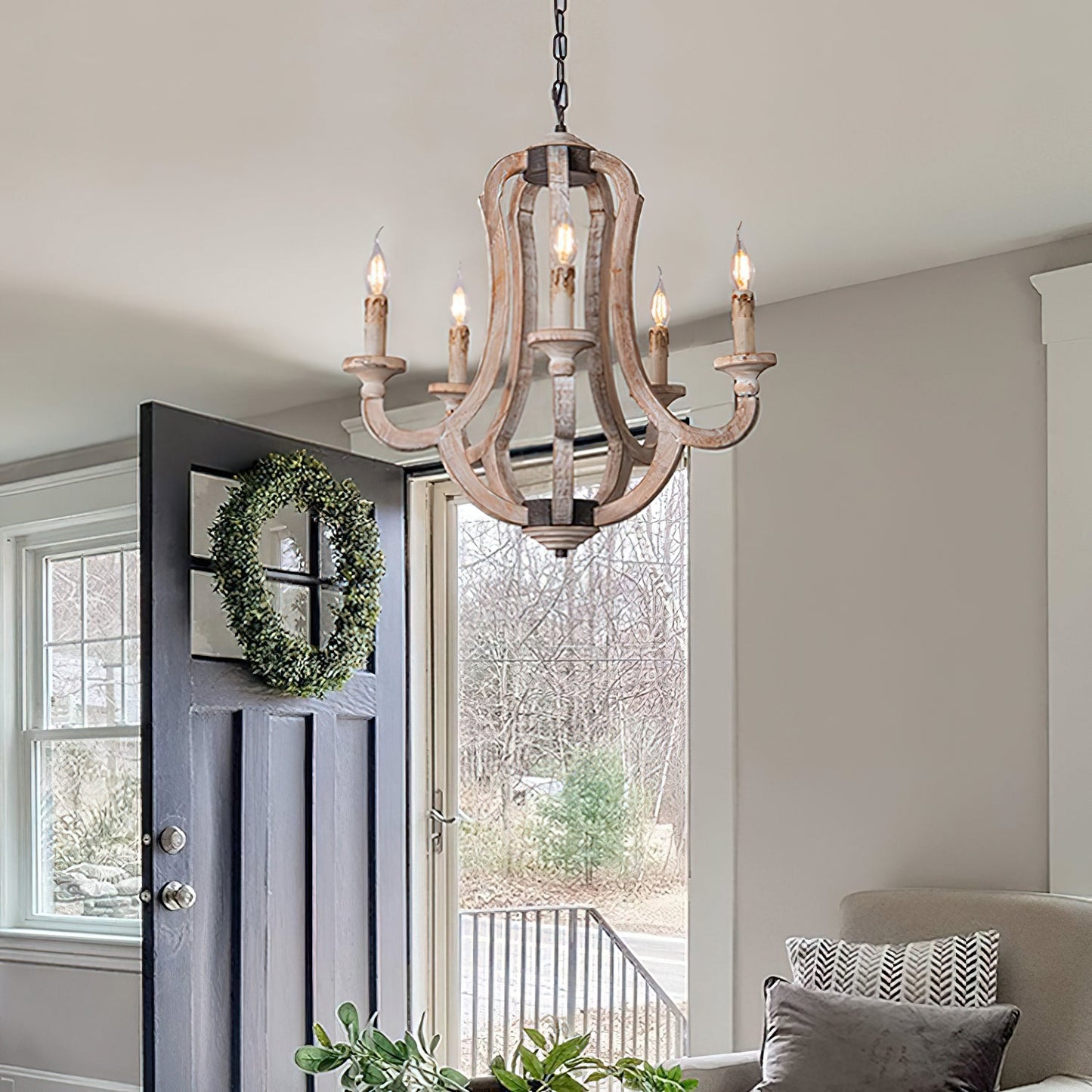 Winton Rustic Candlestick Chandelier - 5-Light Hand-Carved Distressed Wood Hanging Lamp | Farmhouse Cottage Chic Pendant