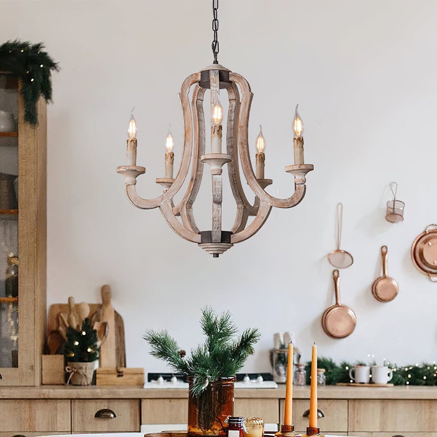 Winton Rustic Candlestick Chandelier - 5-Light Hand-Carved Distressed Wood Hanging Lamp | Farmhouse Cottage Chic Pendant