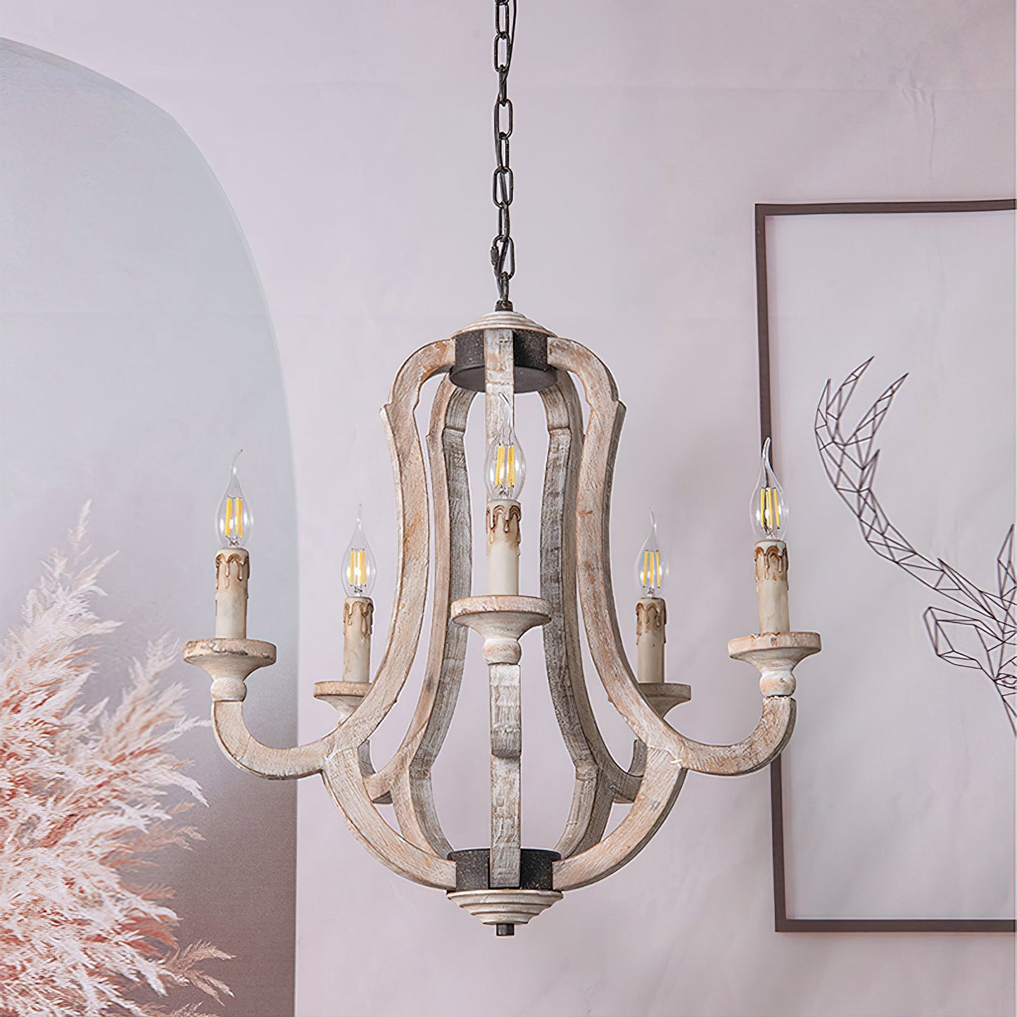 Winton Rustic Candlestick Chandelier - 5-Light Hand-Carved Distressed Wood Hanging Lamp | Farmhouse Cottage Chic Pendant