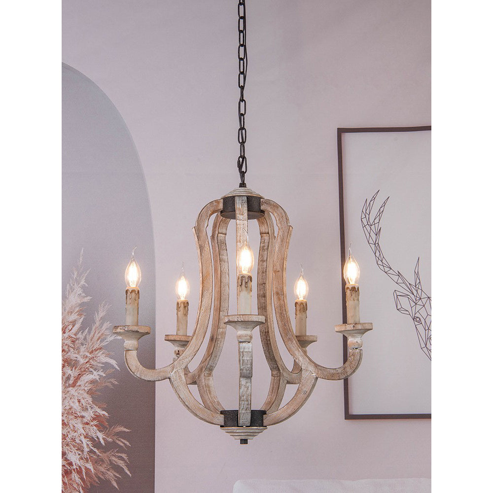 Winton Rustic Candlestick Chandelier - 5-Light Hand-Carved Distressed Wood Hanging Lamp | Farmhouse Cottage Chic Pendant